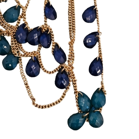 Multilayered Gold Toned Chain with Blue Glass Charms Necklace Adjustable - Picture 6 of 6